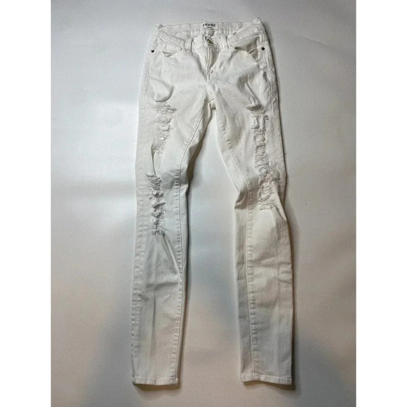 FRAME SZ 26 Jeans Le Skinny de Jeanne Distressed Mid-Rise Stretch 5-Pocket White - Picture 2 of 8